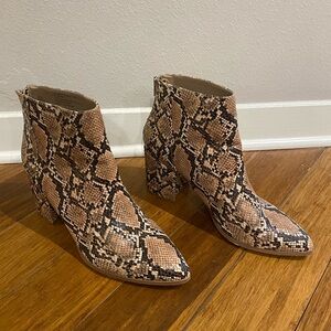 Tan Snakeskin Booties with Block Heel